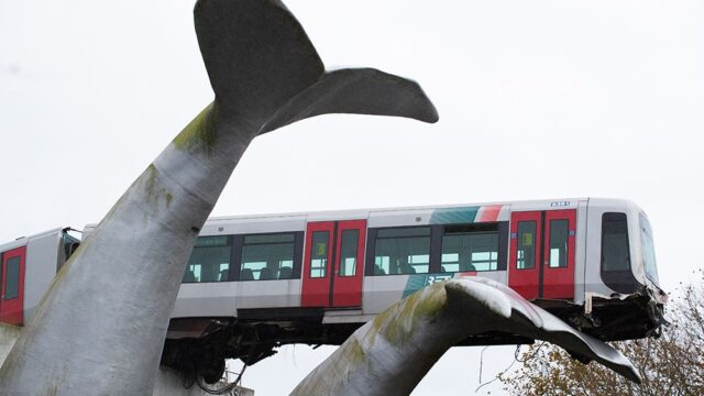 В Роттердаме поезд сошел с рельсов, от падения в воду его спасла скульптура кита