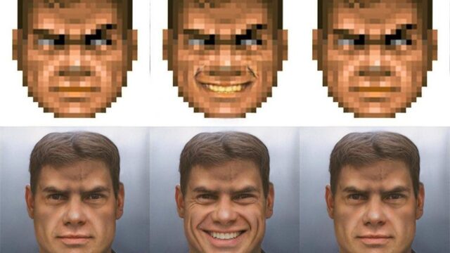 Нейросеть превратила пиксельного морпеха из DOOM в фотореалистичного «парня из Дум» с улыбкой маньяка