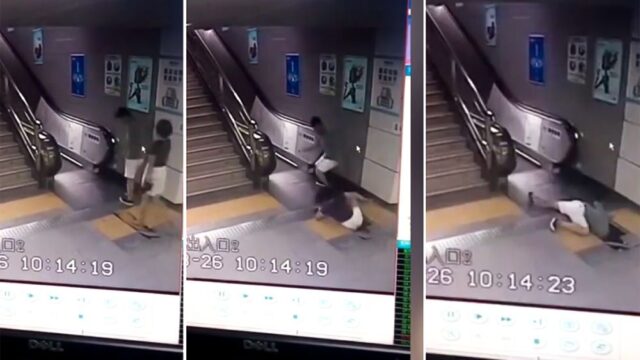 В китайском метро женщина провалилась в замаскированный люк. Ее спасли